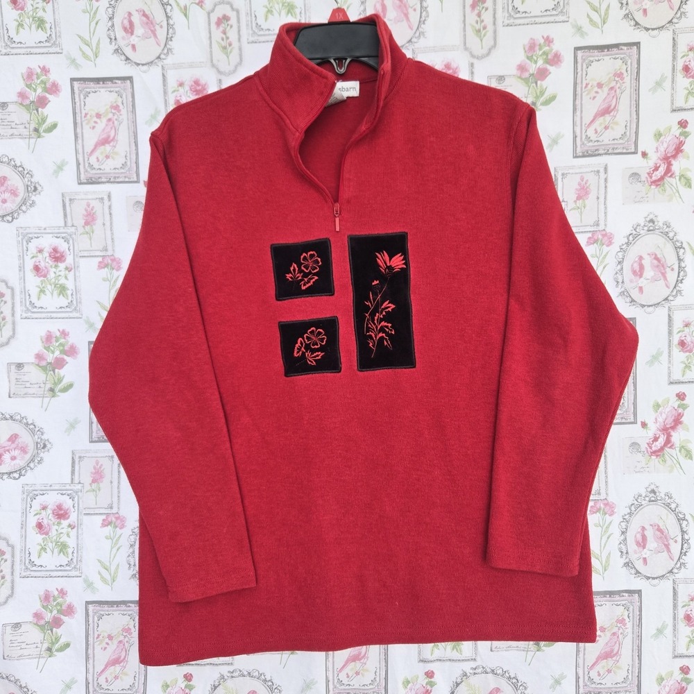 Vintage Dressbarn Red Quarter Zip Pullover Sweater Fleece Embroidered Floral M